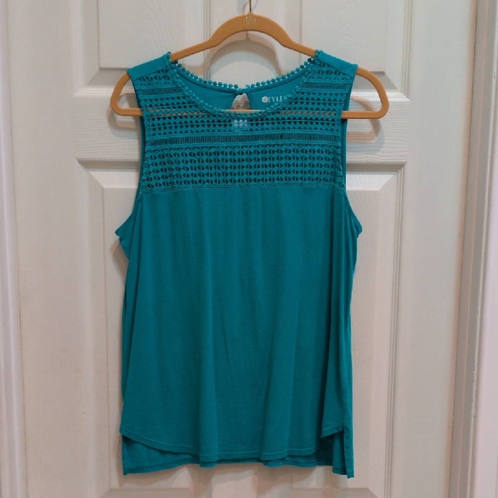 Stylus Women's Teal Sleeveless Top w/Lace Bodice Size Large